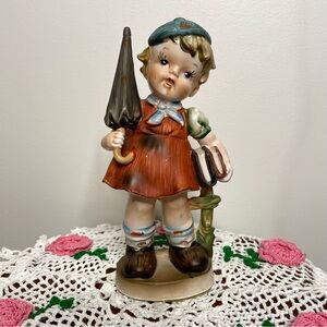 Vintage Brinn Ceramic Child Figurine with Umbrella & Books